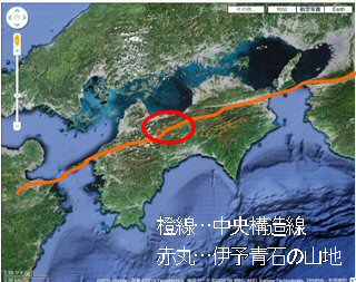 Distribution map of the central structure line and the mountains of Iyo Aoshi